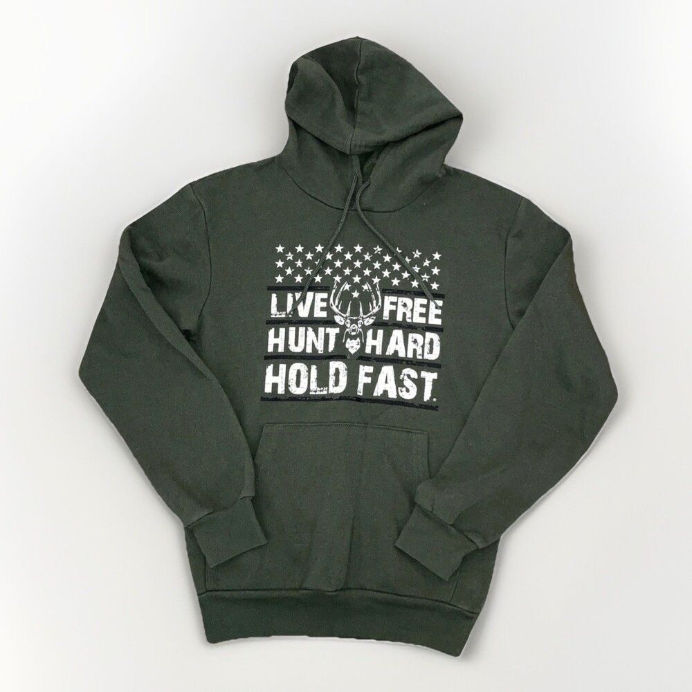 Hold Fast Mens S Sweatshirt Live Free Hunt Hard Hoodie Green Hunting USA‎ Pocket